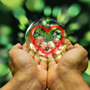 Cupped hands holding a heart in a bubble